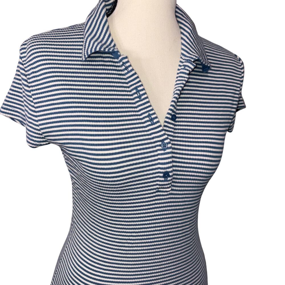 Y2k Preppy J. Crew Ribbed Polo Henley Nautical Short Sleeve Top Blue & White S